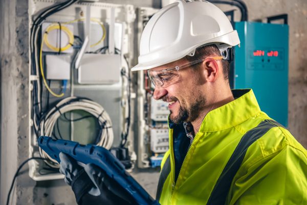 Man, an electrical technician working in a switchboard with fuses. Installation and connection of electrical equipment.